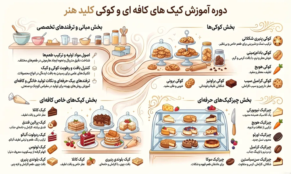اینفوگرافیک نقشه راه سرفصل‌های دوره کیک کافی شاپی کلید هنر؛ از مهارت‌های پایه تا کیک‌های خاص و چیزکیک‌های حرفه‌ای