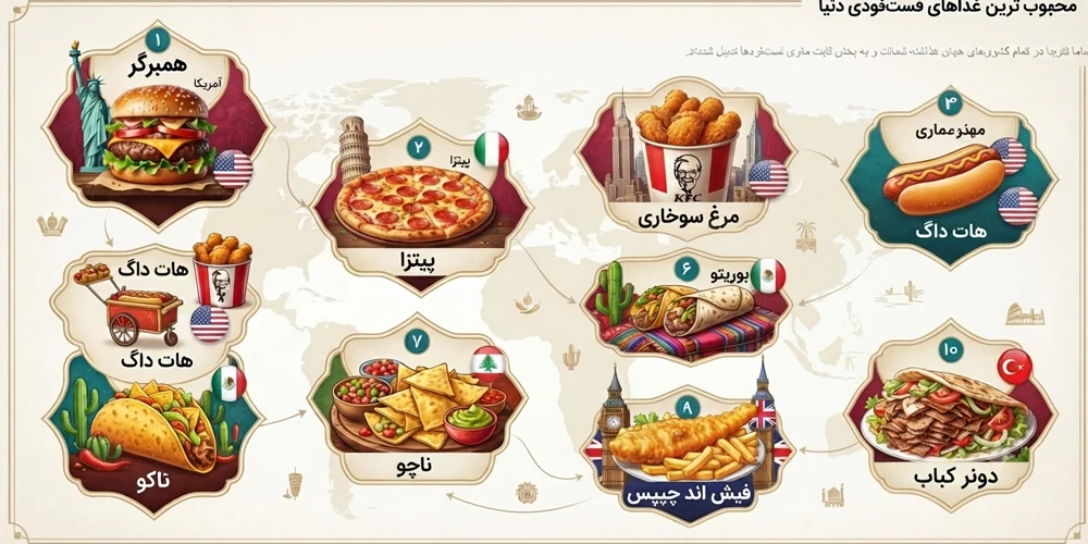 اینفوگرافیک محبوب‌ترین غذاهای فست فودی جهان شامل همبرگر، پیتزا، مرغ سوخاری، هات داگ، تاکو، ناچو، بوریتو، فیش اند چیپس و دونر کباب