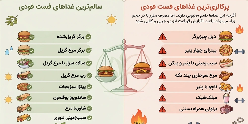 اینفوگرافیک مقایسه سالم‌ترین و پرکالری‌ترین غذاهای فست فودی شامل برگر گریل، سالاد، رپ مرغ، پیتزا و مرغ سوخاری