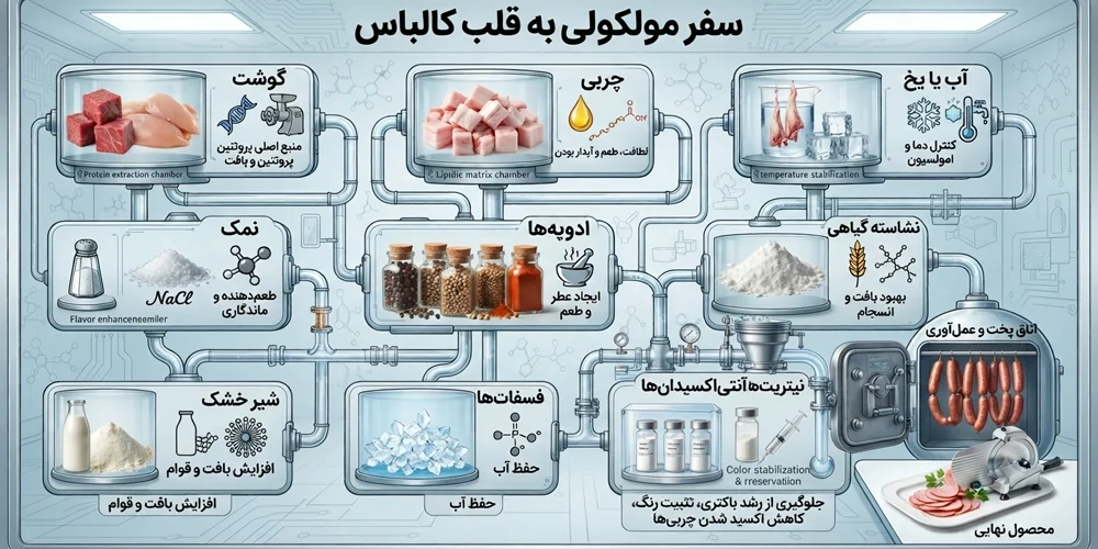 مواد تشکیل‌دهنده کالباس شامل گوشت، چربی، آب، ادویه، نمک، نشاسته، فسفات و نیتریت سدیم