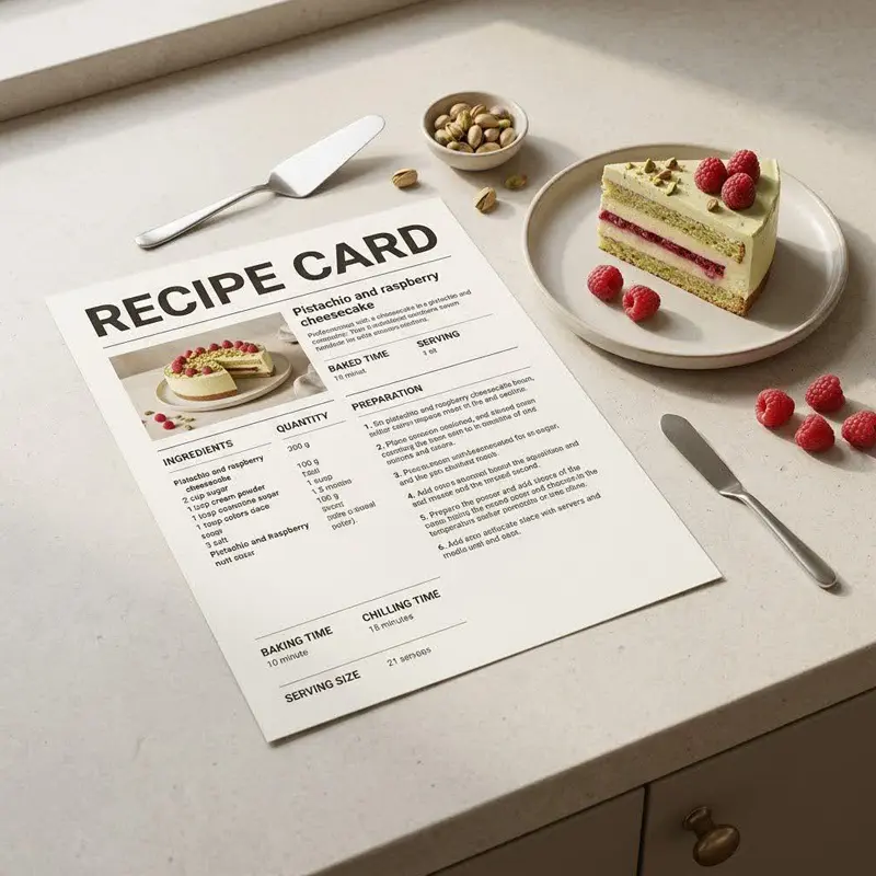 تصویر Recipe Card برای معرفی دستور تهیه چیزکیک همراه با مواد اولیه، مقدار مواد و مراحل آماده‌سازی